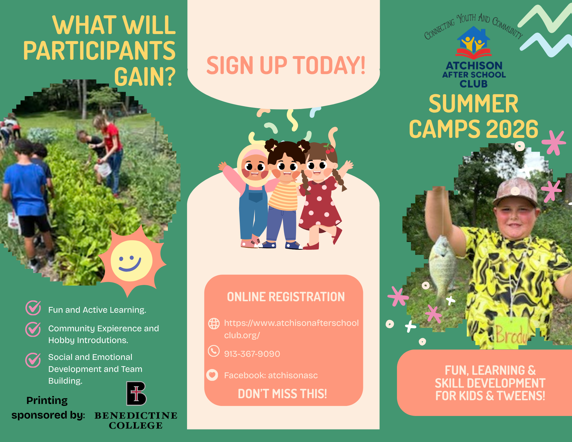 2026 Atchison After School Club summer camp flyer — page 1 of 2: schedule and program details